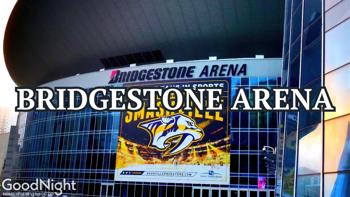 The exterior of Bridgestone Arena, with its modern architectural lines and prominent signage, buzzes with energy and anticipation for sports and entertainment events.