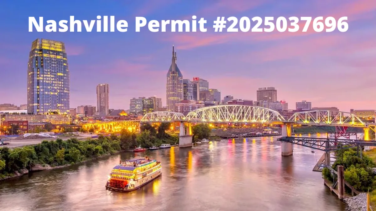 A sweeping view of the Nashville skyline at dusk, with a riverboat on the water and bridges connecting the city. City lights reflect a lively, inviting atmosphere, hinting at nightlife and cultural experiences nearby.