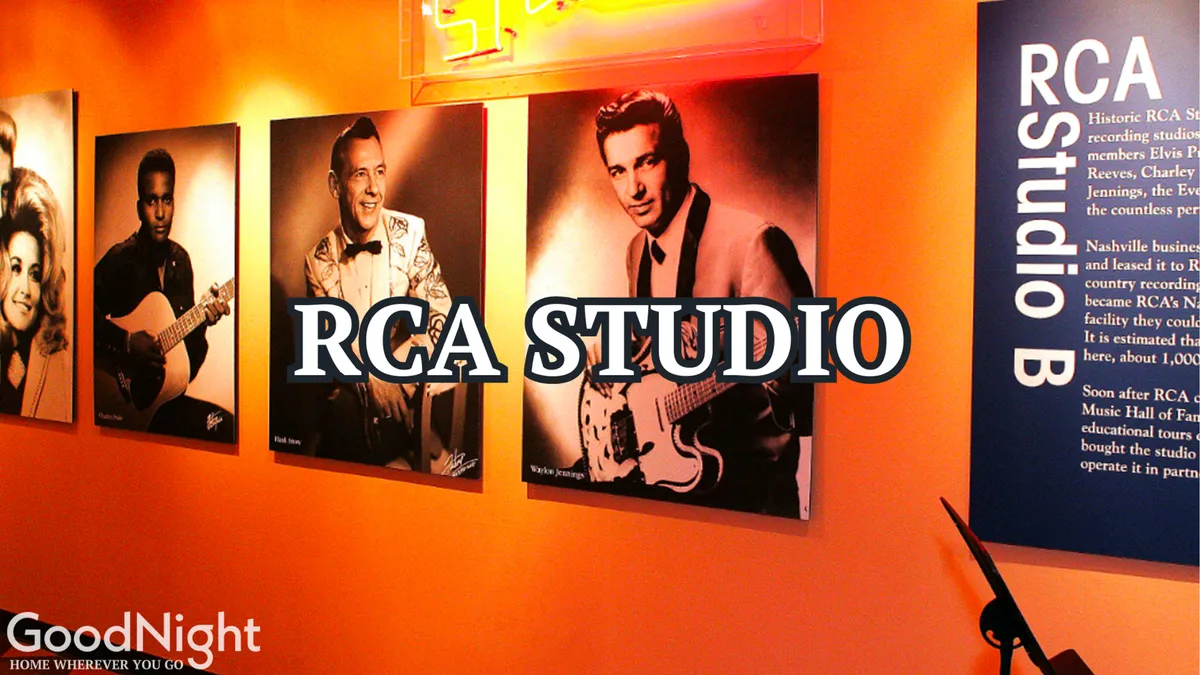 This image captures photographs of famous musicians and the iconic RCA Studio B sign, immersing viewers in the historic heart of Nashville's music scene. The setting evokes a sense of music history and legendary recordings, directly connecting to the location's proximity to Music Row.