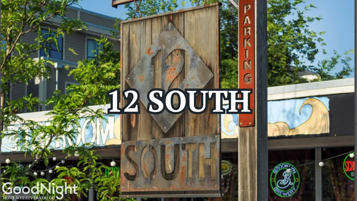 A vibrant streetscape featuring the 12 South sign, nearby storefronts, and lush greenery. The scene captures the lively, community-focused vibe of a popular Nashville neighborhood, with hints of boutique shopping and outdoor exploration.